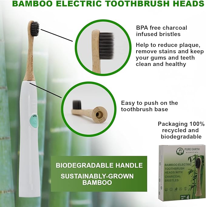 Bamboo Electric Toothbrush Heads Compatible with Philips Sonicare – Gentle on Gums, Tough on Plaque with Charcoal-Infused Soft Bristles (4 Pack) by Pure Earth Essentials
