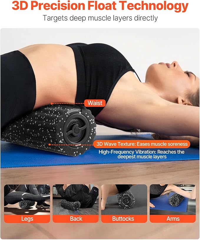 VEVOR 16 Inches Rechargeable Vibrating Foam Roller, 4-Speed Electric Massage Roller with 3D Texture, High-Density EEP Foam for Deep Tissue Muscle Massage, Back Pain Relief, and Post-Exercise Recovery