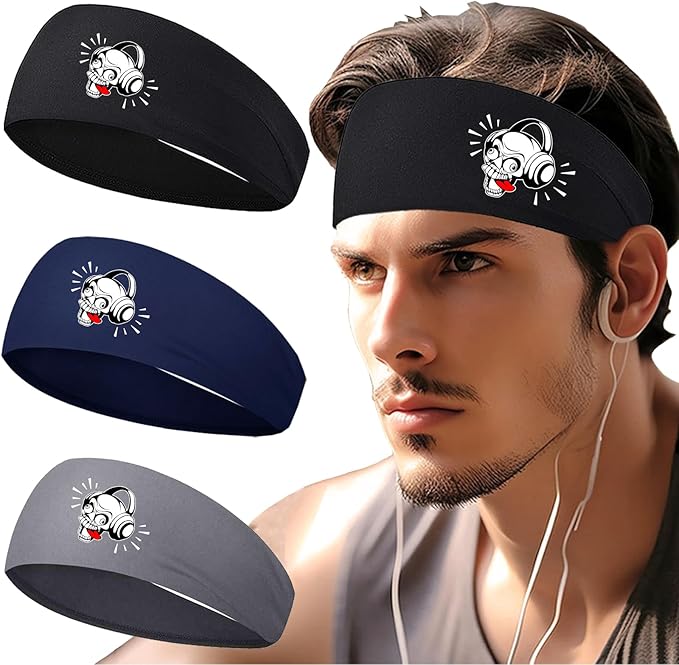 Headbands for Men 3 Pack Sport Sweat Bands Headbands Men Skull Finger Workout Sweatbands for Mens Women Head Bands Cooling Running Men's Hairband Headband