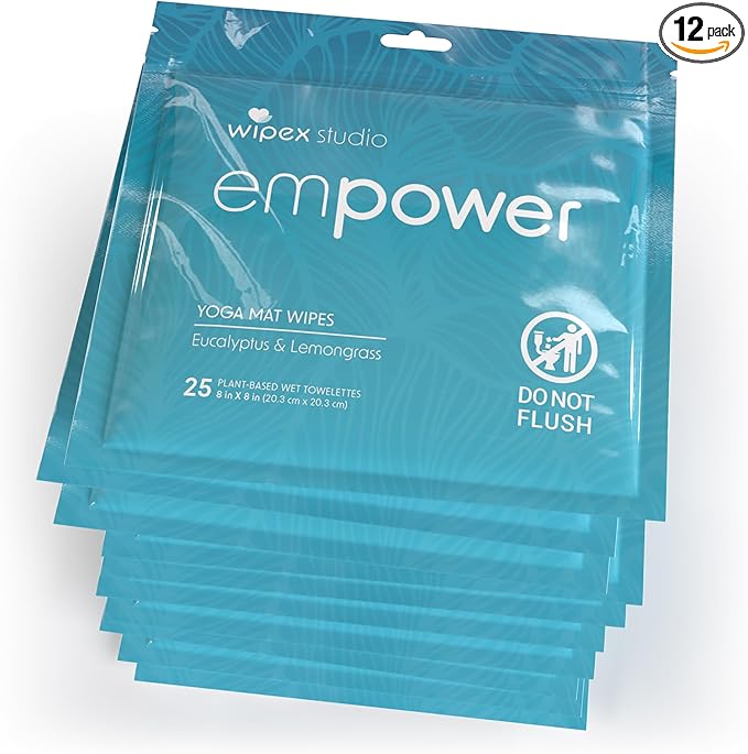 Wipex Studio Empower Yoga Mat Cleaner Wipes 25ct Zip Pack, Ultra Thick and Textured, Lemongrass Eucalyptus Scent, Natural Choice for Yoga, Pilates, or Any Movement Practice (12 Pack)