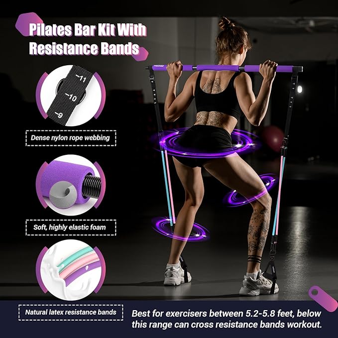 Pilates Bar Kit with Resistance Bands, Multifunctinal Exercise Bar with Ab Roller for Pilates/Abs/Weight Loss, Portable Home Gym Pilates bar kit for Full Body Training Women