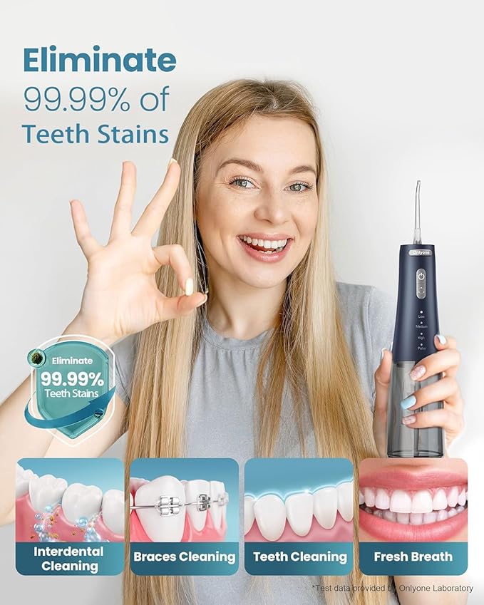 Onlyone Water Dental Flosser, 300ML Portable Oral Irrigator for Teeth, 4 Modes and 5 Jet Tips,Rechargeable Irrigation Cleaner,Electric Flossing Machine Power Flossers & Irrigator Accessories Blue