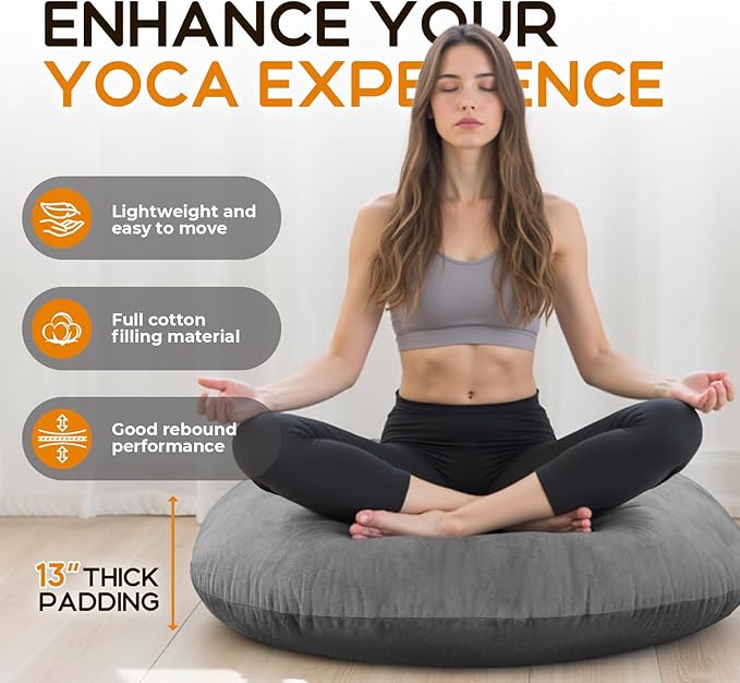 32" Round Floor Pillow with 13" Thick Padding, Velvet Meditation Cushion for Yoga & Lounge Seating, Large Ottoman Replacement Floor Mat for Adults, Decorative Accent Pillow (Grey)
