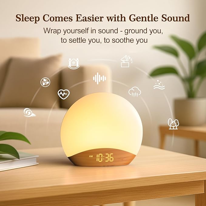 REACHER Wood Grain Sunrise Alarm Clock and Sound Machine Nightlight, Digital Dimmable Clock for Bedroom, 26 Sleep Sounds, White Noise Machine for Baby, Adults, Wake Up Light Alarm Clock for Kids