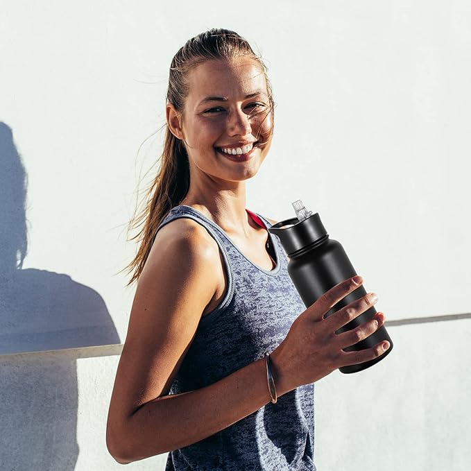 32 oz Insulated Water Bottle Bulk 4 Pack, Stainless Steel Sports Water Bottles with Straw Lid & Wide Mouth Lids, Double Walled Vacuum, Leak Proof, Black