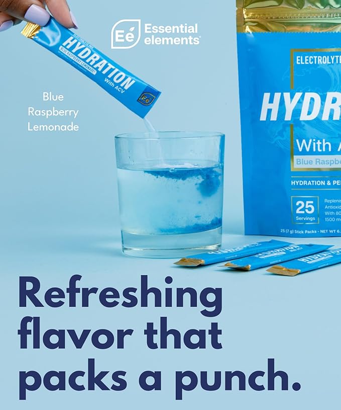 Essential Elements Hydration Packets - Blue Raspberry Pack - Sugar Free Electrolytes Powder Packets - 25 Stick Packs of Electrolytes Powder No Sugar - Hydration Drink - with ACV & Vitamin C