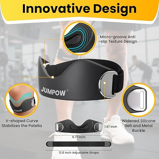 JUMPOW Silicone Patellar Tendon Support Strap - 2 Pack Adjustable Non-Slip Patella Band Stabilizer Knee Brace for Hiking, Running, Jumpers Knee, Tendonitis, Basketball, Squats, Black