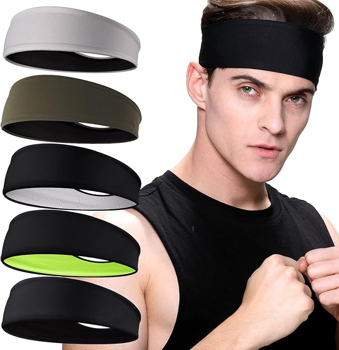 Braylin 5-Pack Breathable Sport Headbands for Men, Sweat-Wicking, Elastic Stretch