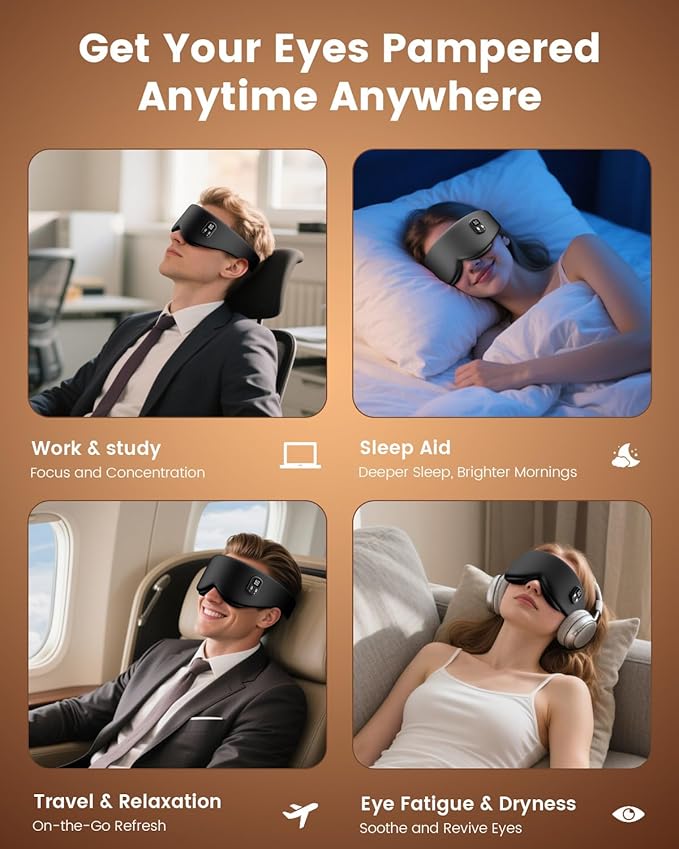 Heated Eye Mask - Cordless Eye Mask for Dry Eyes, Eye Relief, Improved Sleep, Timed Shutdown, 4 Temperature, Washable Silk Eye Heating Pad for Travel, Removable for Cleaning - Black