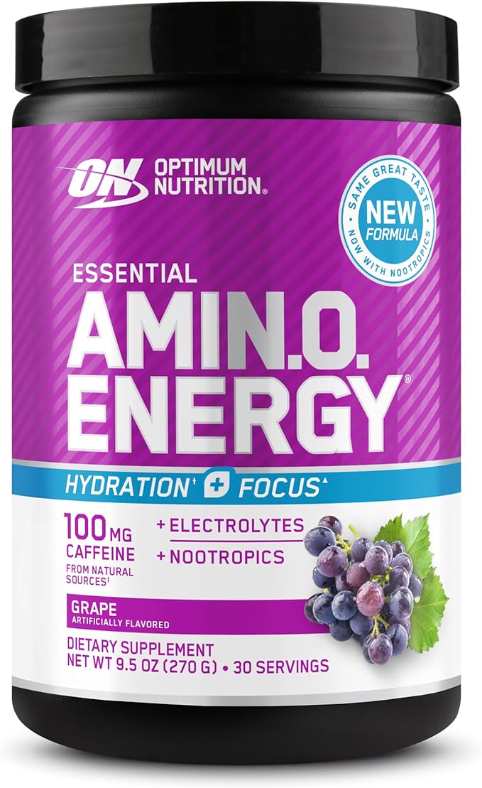 Optimum Nutrition Amino Energy Powder Plus Focus, with BCAA, Electrolytes, and Caffeine, Grape, 30 Servings (Packaging May Vary)