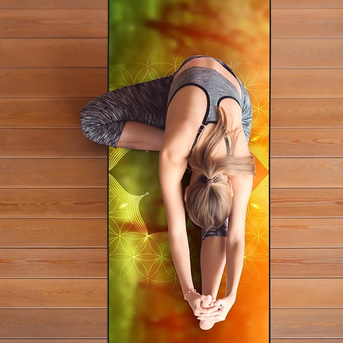 Colorful Star Large Yoga Towel with Corner Pockets, Non Slip Grip Dots Absorbent Hot Yoga Mat Towels, Yoga Blankets with Travel Bag, Mat Cover for Workout, Gym, Fitness - 74"x26", Geometric Flower