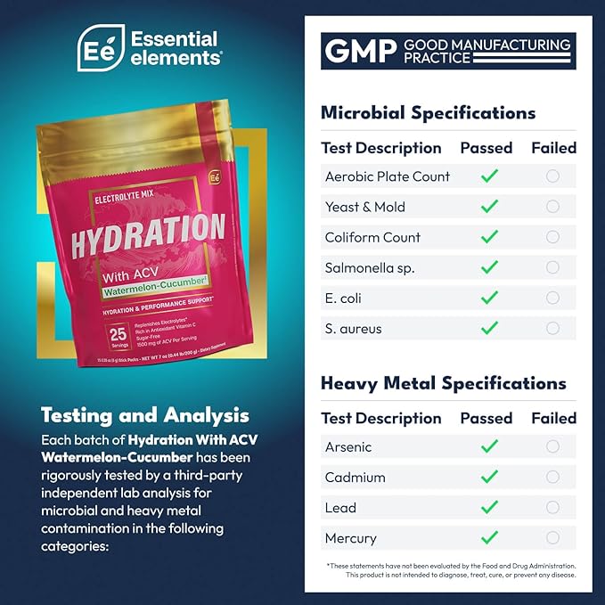 Essential Elements Hydration Packets - Watermelon Cucumber Pack - Sugar Free Electrolytes Powder Packets - 25 Stick Packs of Electrolytes Powder No Sugar - Hydration Drink - with ACV & Vitamin C