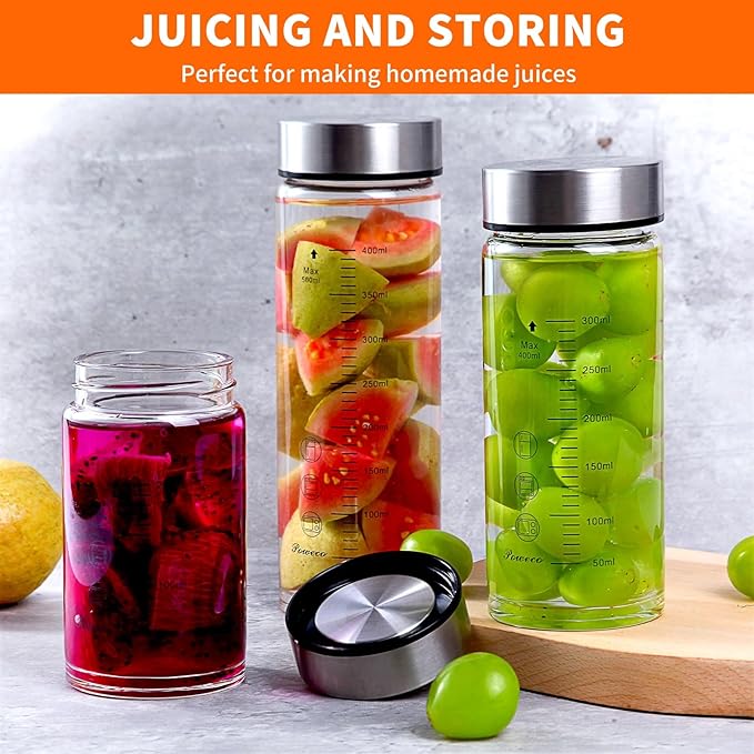 Glass Juice Bottles 4 Pack 20 oz - Wide Mouth Glass Water Bottles with Lids - for Juicing, Protein, Smoothie, Milk, Reusable, BPA Free, Stainless Steel Lids, Blender, Shaker Bottle (20oz/600ml)