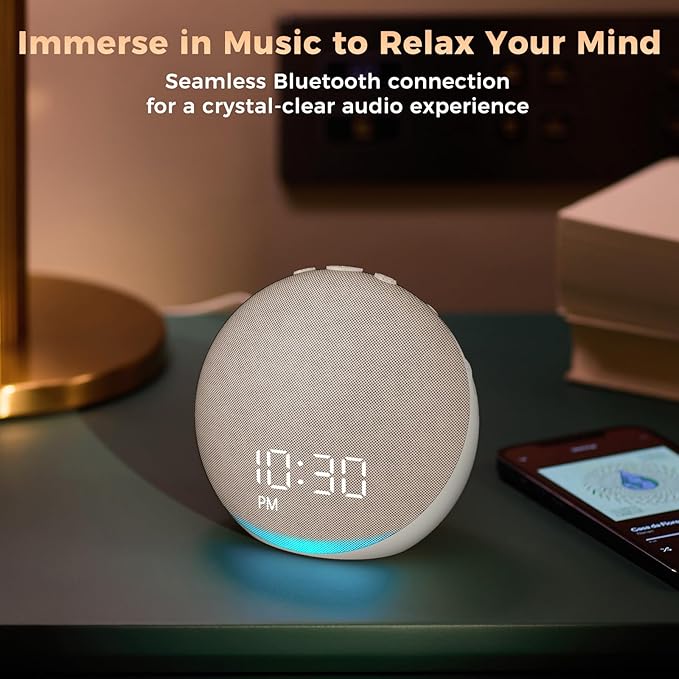 Sound Machine Alarm Clock for Bedroom: 25 Natural Sleep Sounds - White Noise Machine for Adults Kids Baby - Gentle Wake Up Alarm with Bluetooth Speaker - Putty