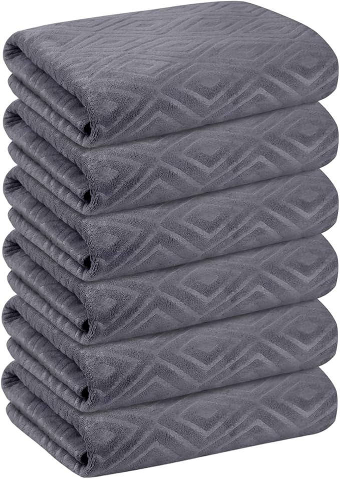JML Bath Towel, Microfiber Bath Towels Set 6 Pack (30" x 60") - Large Size, Extra Absorbent, Quick Drying, Grey Diamond Embossed