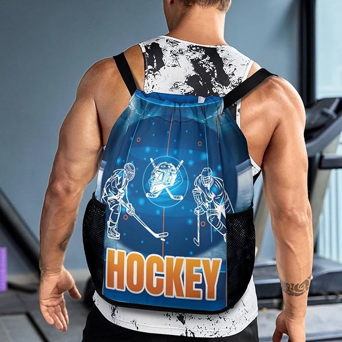 Hockey Drawstring Backpack - Cool Cinch Sack, String Backpacks with Pocket for Kids Women Men Boys Girls for Gym Outdoor Sports Travel Athletic Drawstring Bag - Lightweight/Foldable