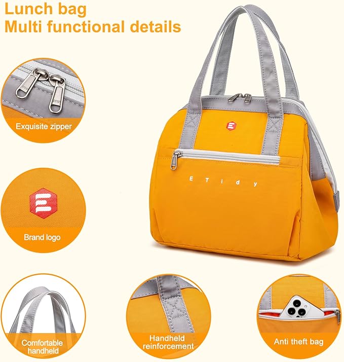 ETidy Fashionable & Lightweight Reusable Lunch Bag Large Capacity Waterproof & Leak Proof Lunch Box Insulated Cooler Lunch Tote For Women Adult To Work Travel Outdoor(Black)