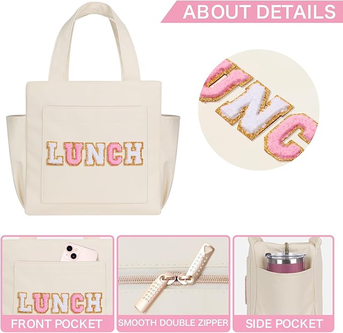 Joymee Leather Lunch Box Lunch Bag for Women Adult Insulated Reusable Leakproof Large Spacious Lunch Cooler Lunch Tote Bag with Bottle Holder and Side Pockets for Work Picnic Beach (Letter LUNCH)