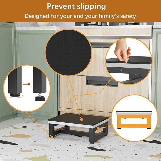 Wooden Step Stools for Adults Kids, Heavy Duty Stepping Stools with 1CM-Thick Anti-Slip Cushion for Bedroom Kitchen Bathroom, Bed Steps for High Bed, Easy to Assemble, 500-LBS Capacity, Black&Grey