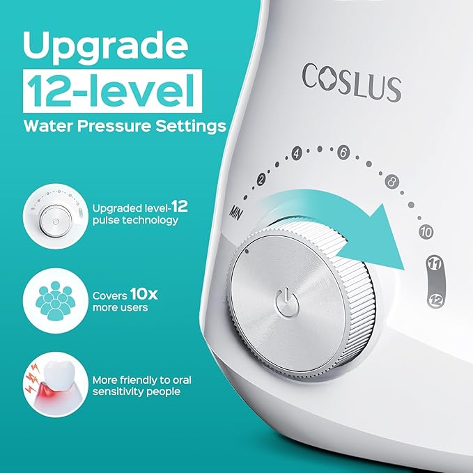 COSLUS Electric Water Flosser for Teeth: Professional Dental Pick for Orthodontic, Sensitive Gums, Braces - 12 Pressure Settings & 5 Multi-Functional Tips for Multiple Users, Home Use, White, E1