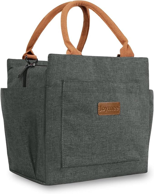 Joymee Lunch Bag Women Insulated Lunch Box Reusable Leakproof Large Spacious Cooler Tote for Womens Mens Adults with Bottle Holder and Side Pockets for Work Office Travel Picnic -Charcoal Gray