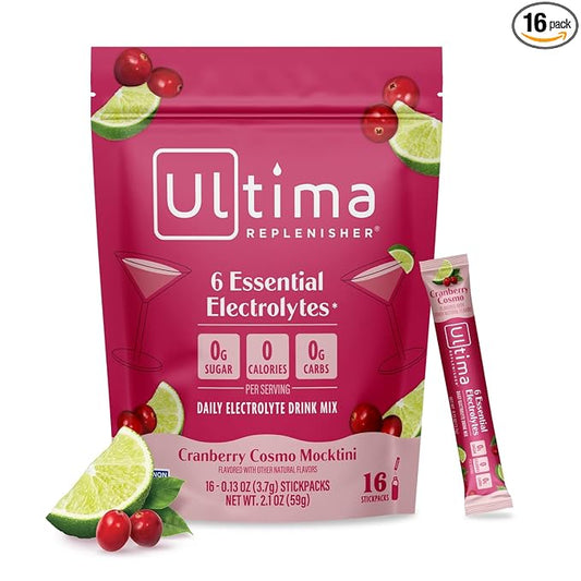 Ultima Replenisher Daily Electrolyte Powder Drink Mix - Sugar Free - Cranberry Cosmo, 16 Stickpacks - Hydration Packets with 6 Key Electrolytes and Trace Minerals – Keto Friendly, Non-GMO