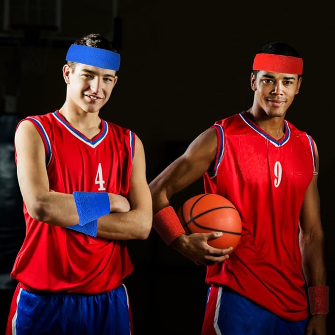 24 Pcs Neon Sweatbands Set Include 8 Pcs Sports Headband and 16 Pcs Cotton Wristbands 80s Neon Sweat Bands Bulk for Gym, Tennis, Basketball, Running, Exercise