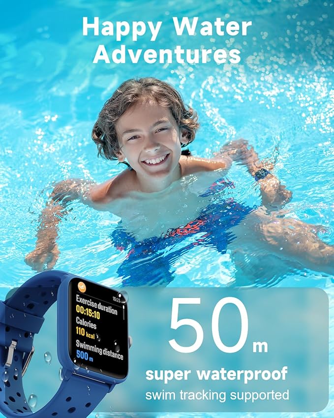 BIGGERFIVE Smart Watch for Kids Without APP, Fitness Tracker Watch Pedometer, Heart Rate, 5ATM Waterproof, Sleep Monitor, Calorie Step Counter, Games, Alarm Clock for Boys Girls 5-14, Porous Blue