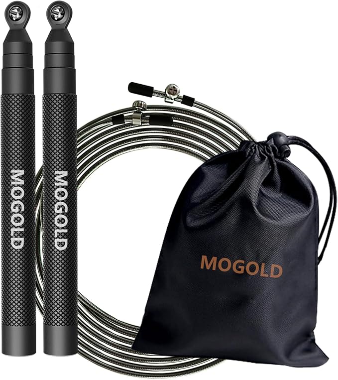 speed jump rope incl. 2 PVC Steel Cables 2.0mm/3.0mm| Ideal for Crossfit, Fitness, Boxing and Easy Double Under | Metal Jump Rope with Weights for Fitness Women and Men Premium Bearing Balls | Carry Pouch&Spare Screws