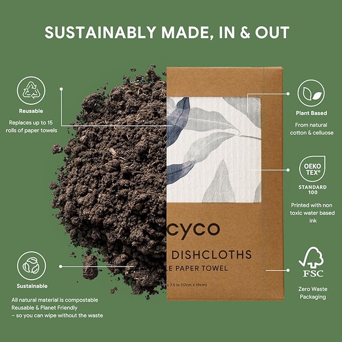 RECYCO Swedish Dishcloths for Kitchen | 6 Pack Foggy Blue Washable Dish Rags | Cellulose Reusable Cleaning Paper Towels | Absorbent Counter Dish Cloth Sponge Kitchen Wipes, 8" L x 7" W