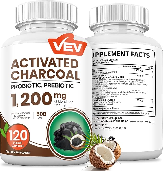 VEV Activated Charcoal with Organic Coconut Shell Charcoal & 50 Billion Probiotics – 120 Vegan Capsules for Digestive Wellness & Dietary Support