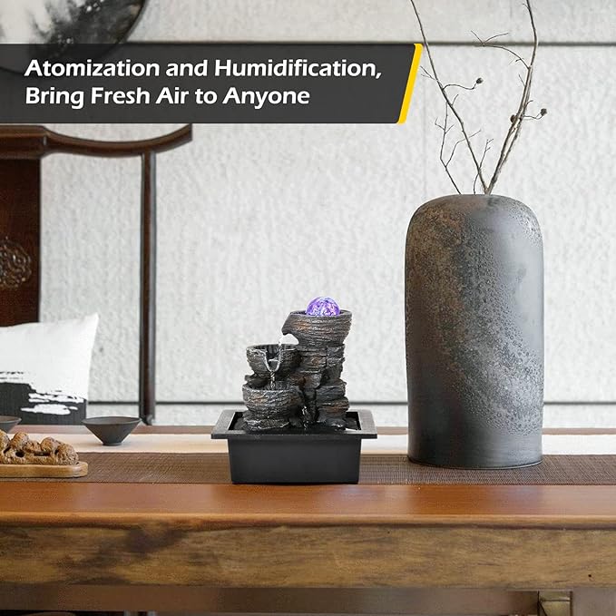 Dyna-Living Water Fountains Indoor Tabletop Fountain with Pump Waterfall Fountain Indoor Coloured LED Lights Desk Water Fountains for Home Office Decor Style 1