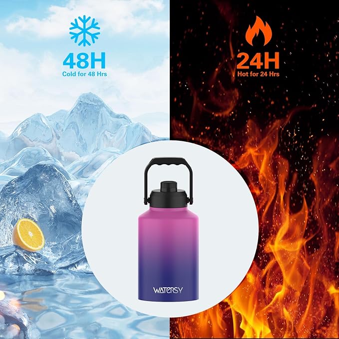 1 Gallon Water Bottle Insulated(Cold for 48 Hrs),BPA Free&Leak Proof,128oz Stainless Steel Water Jug,Big thermo,Large Water Bottle with Handle for Gym,Hiking,Camping&Travel,Gradient Purple