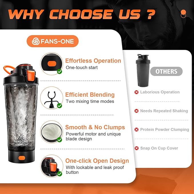 Electric Shaker Bottle, 24oz Lockable Blender Cup Electric Protein Shaker Bottles, Tritan USB C Rechargeable Mixer, Portable Shaker Cups for Protein Shakes for Men Women, Black and Orange