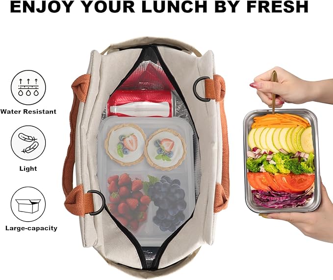 Joymee Lunch Bag Women Insulated Lunch Box with Adjustable Shoulder Strap Large Reusable Leakproof Spacious Cooler Tote for Women Men Adult with Bottle Holder and Side Pockets - Beige