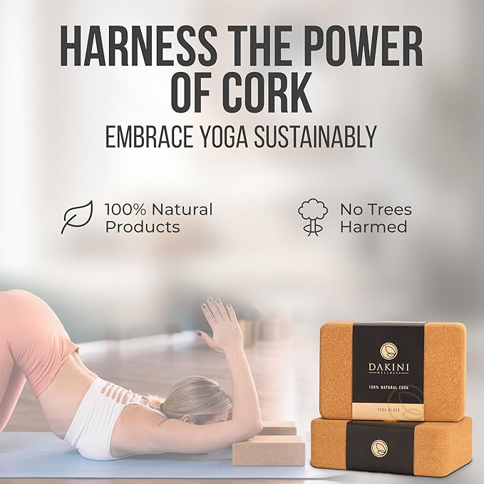 Cork Yoga Blocks 2 Pack with Strap- 9x6x3 Inch Natural Yoga Block Set of 2- Pilates Props and Accessories - High Density Cork Bricks For Exercise