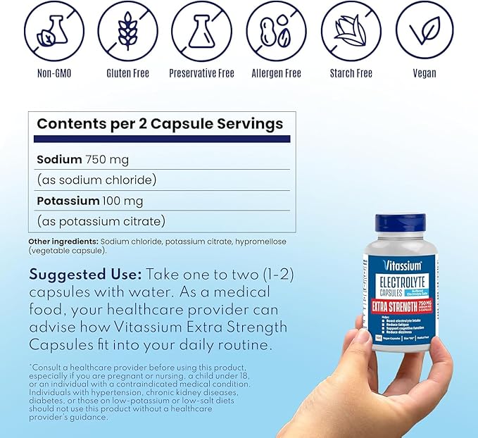 Vitassium Extra Strength Electrolyte Capsules - 750mg of Sodium for The Management of POTS and High Sodium Diets, Unflavored - 200 Salt Pills (Size 00)