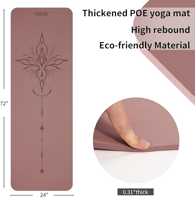 HAHE Yoga Mat Thick (8MM,1/3"), Eco-Friendly POE Non Slip Yoga Mat, High Rebound & Shock Absorption, Anti-Tear & Sweat-Resistant for Yoga, Fitness, Home, Workouts, Large Pilates Mats 72"x24" with Carrying Strap