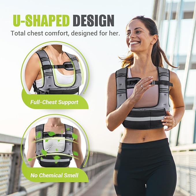 Adjustable Weighted Vest for Women,6-12lb U-Shaped Weight Vest with 6 Iron Sand Bags,Rucking Vest with Extended Shoulder Pads & Plus Pockets for Running, Walking and Strength Training