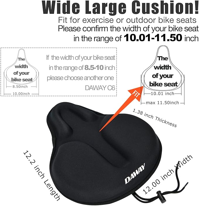 DAWAY Comfortable Bike Seat Cover - Silicone Gel & Memory Foam Padded Bike Seat Cushion for Men Women - Soft Bicycle Saddle Cover for Peloton, Stationary Exercise, Mountain Road Bikes - XL/Large/Small