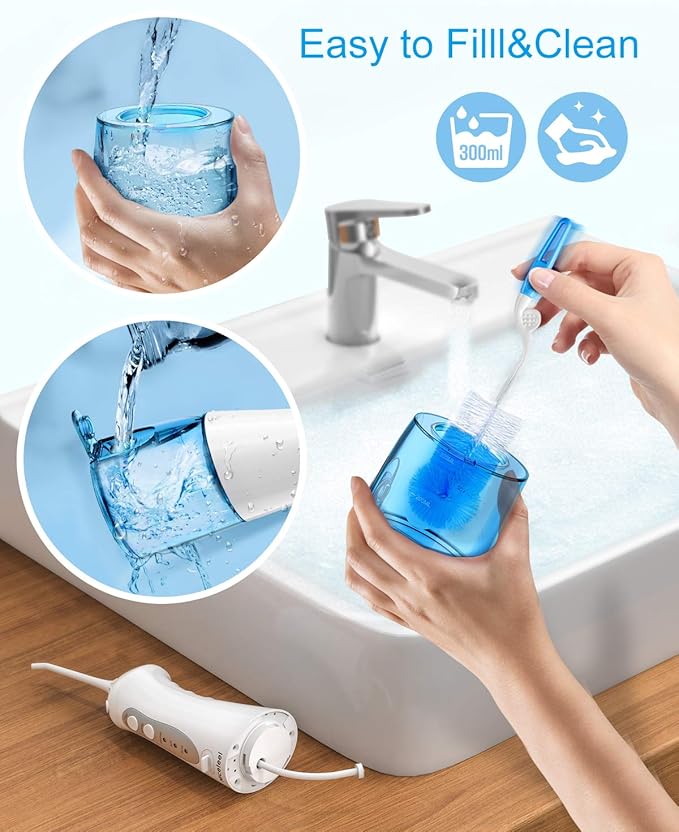 Cordless Water Flosser Teeth Cleaner, Nicefeel 300ML 2 Tip Cases Portable and USB Rechargeable Oral Irrigator for Travel, IPX7 Waterproof, 3-Mode Water Flossing with 4 Jet Tips for Home