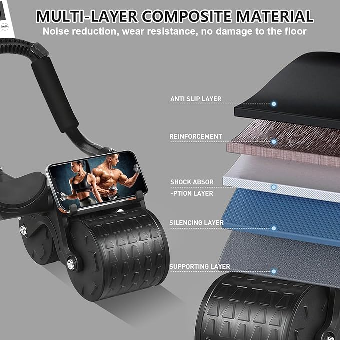 Bersauji 2025 New Ab Roller Wheel with Knee Mat &Timer, Automatic Rebound Abdominal Wheel, Ab Abdominal Exercise Roller with Elbow Support, Abs Workout Equipment Ab Exercise Roller for Women Men