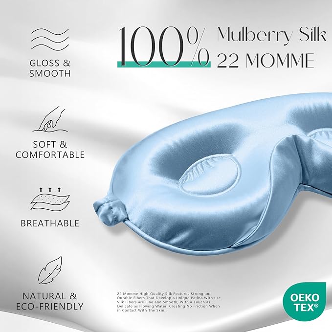 ZIMASILK Adjustable 22 Momme 100% Mulberry Silk Sleep Mask, Upgraded 3D Contoured Cup Eye Mask for Sleeping, Super Soft & Breathable Blindfold, Blackout for Deep Sleeping (Sky Blue)