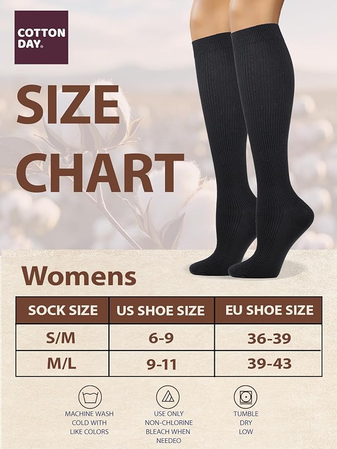 COTTON DAY Women's Soft Combed Cotton Knee High Long Calf Dress Socks Seamless Toe Black White Gray Navy Blue Brown
