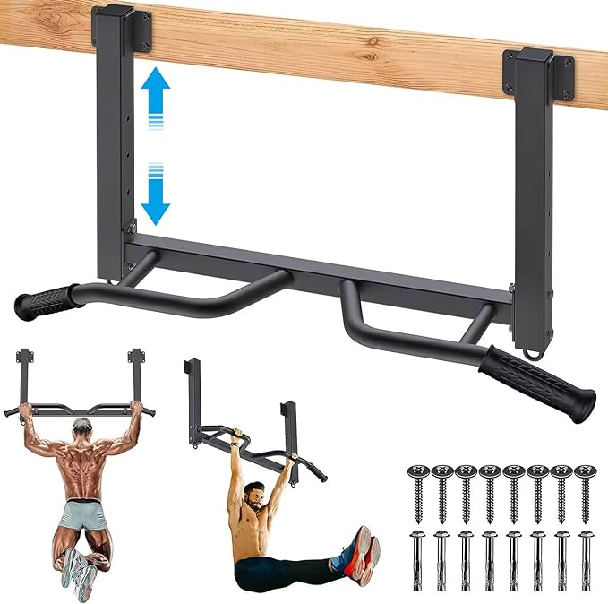 Kipika 32" Ceiling Mounted Pull Up Bar - Heavy Duty, Highly Adjustable, Multifunctional Chin Up Bar - Home Gym System with Punching Bag Hanger and Resistance Bands Training