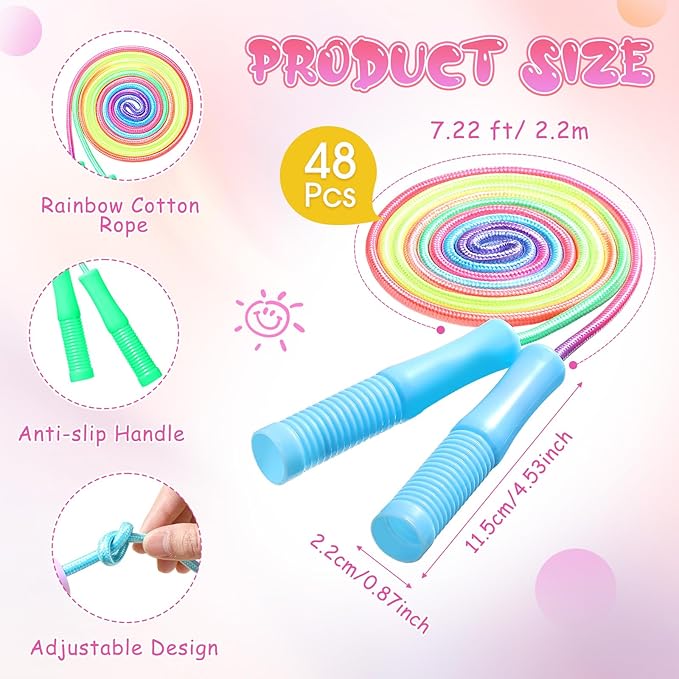 48 pcs Jump Rope Bulk for Kids 7.22 ft Adjustable Gradient Rainbow Color Skipping Rope Outdoor Exercise Fitness Equipment for Back to School Class Playground Activities Set