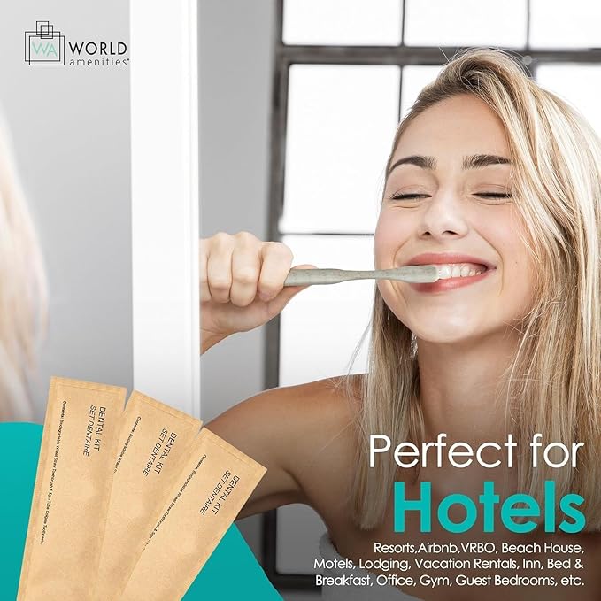 World Amenities Kraft Paper Dental Kit - Wheat Straw Toothbrush and Toothpaste Dental Care Kit (50)