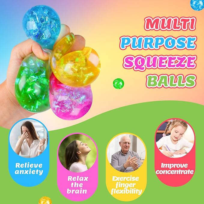 Stress Balls 4 Pack for Adults and Kids, Glitter Squeeze Toys, Sensory Toys for Kids with Autism, Squishy Fidget Toys for Stress and Anxiety Relief, Prize for Classroom