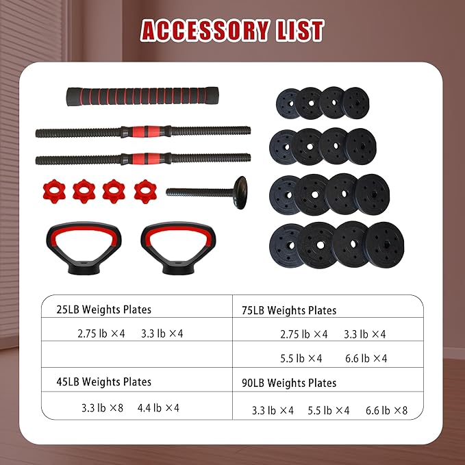 90 LB/75 LB/45 LB/25 LB Adjustable Dumbbells 4-in-1 Dumbbells Set Free Weight Set with Connector – Convert to Barbell, Kettlebell & Push-Up Stands | Interchangeable Weight Plates, Non-Slip Grips for Home Gym