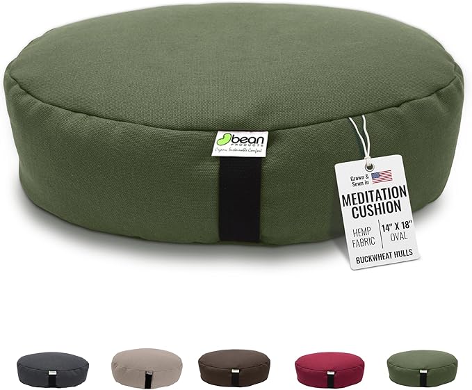 Bean Products Hemp Zafu Meditation Cushion for Sitting on Floor, Hemp Yoga Pillow, Zafu Meditation Pillow, Zen Seiza Kneeling Prayer Pad Support - Made in USA - Oval Cactus
